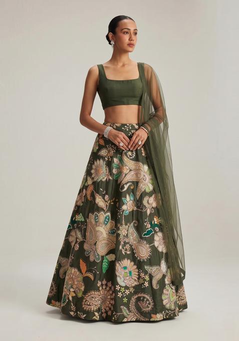 Olive Green Printed Crepe Lehenga Set