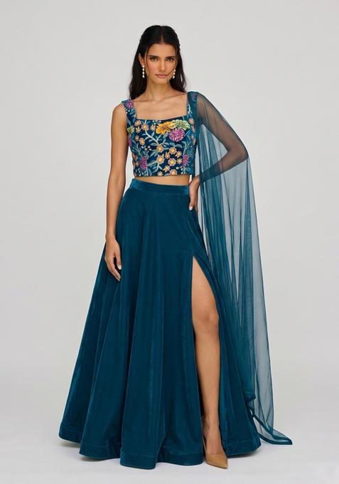 Teal Blue Printed Crepe Lehenga Set