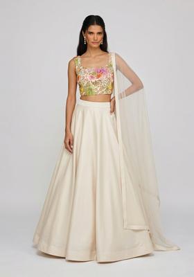 White Printed Crepe Lehenga Set