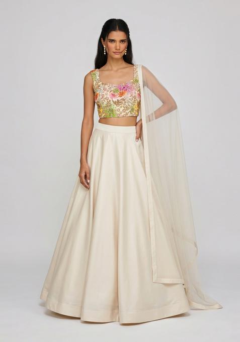 White Printed Crepe Lehenga Set