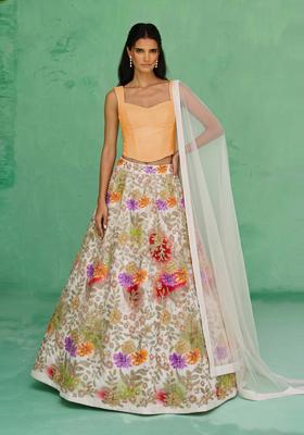 White Printed Crepe Lehenga Set
