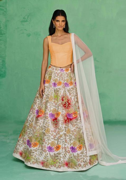 White Printed Crepe Lehenga Set