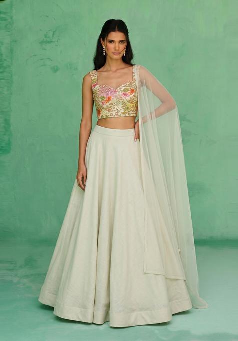 Off White Printed Crepe Lehenga Set