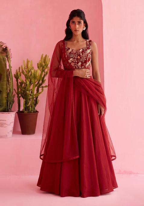 Red Embroidered Crepe Lehenga Set