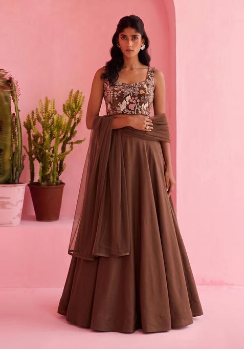 Brown Embroidered Crepe Lehenga Set