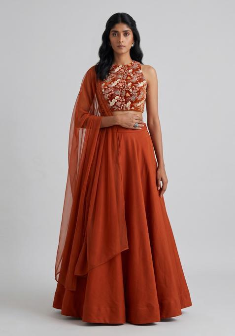 Rust Orange Embroidered Crepe Lehenga Set