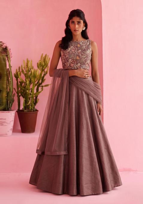 Mauve Embroidered Crepe Lehenga Set