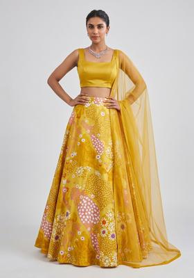 Mustard Yellow Printed Satin Lehenga Set