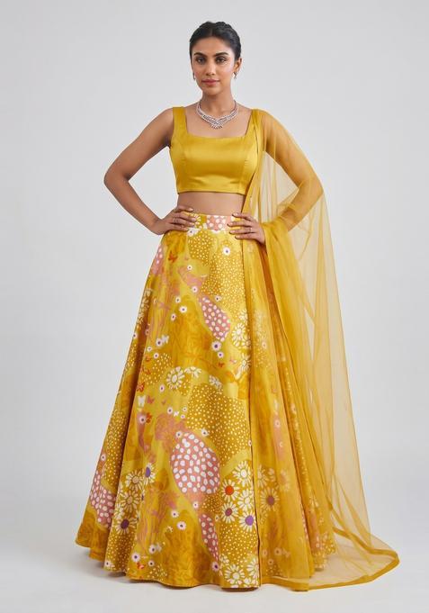 Mustard Yellow Printed Satin Lehenga Set