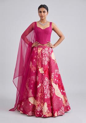 Magenta Printed Satin Lehenga Set