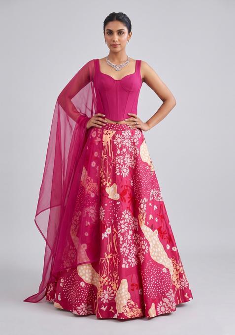 Magenta Printed Satin Lehenga Set