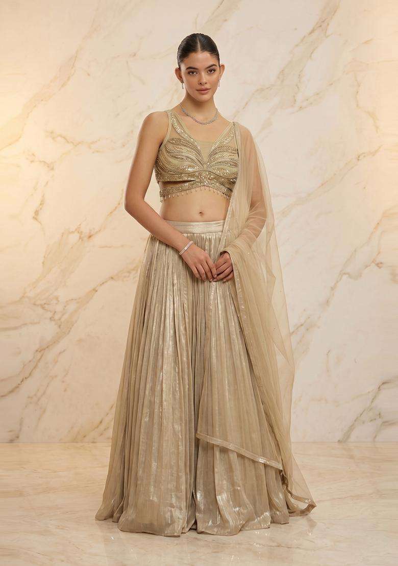 Beige Gold Handwork Lehenga Set - Indya