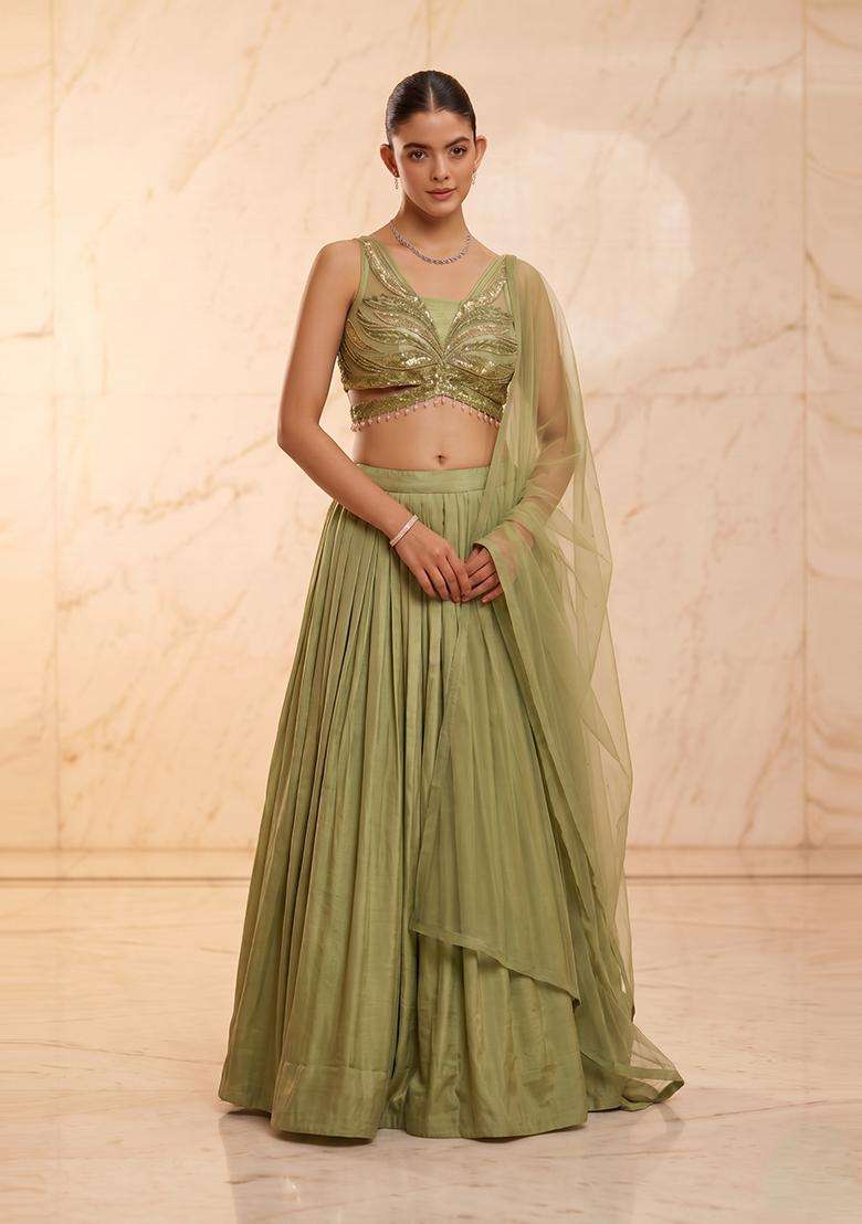 Olive Green Handwork Lehenga Set - Indya