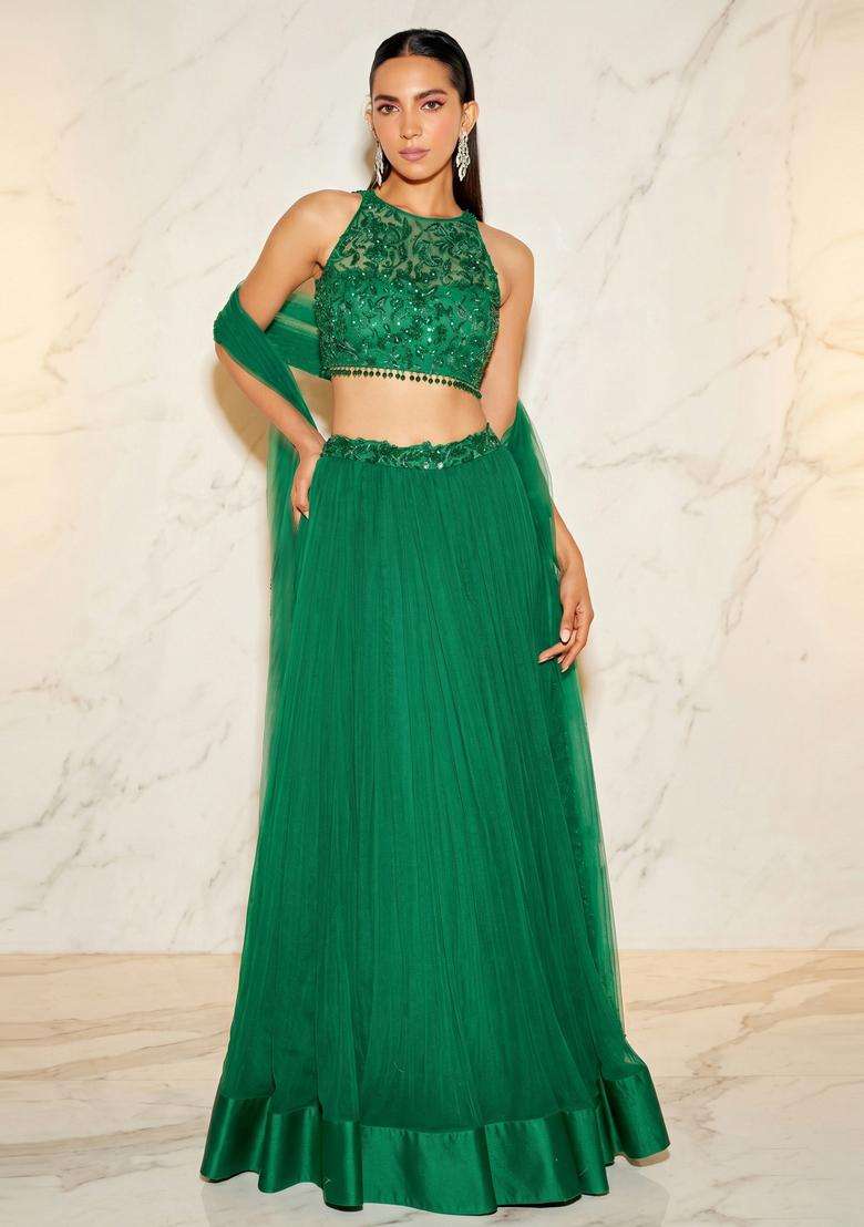 Emerald Green Handwork Lehenga Set - Indya