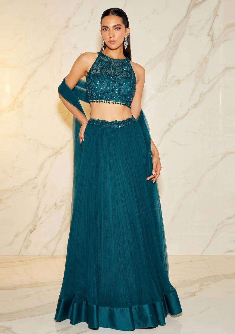 Teal Blue Handwork Lehenga Set - Indya