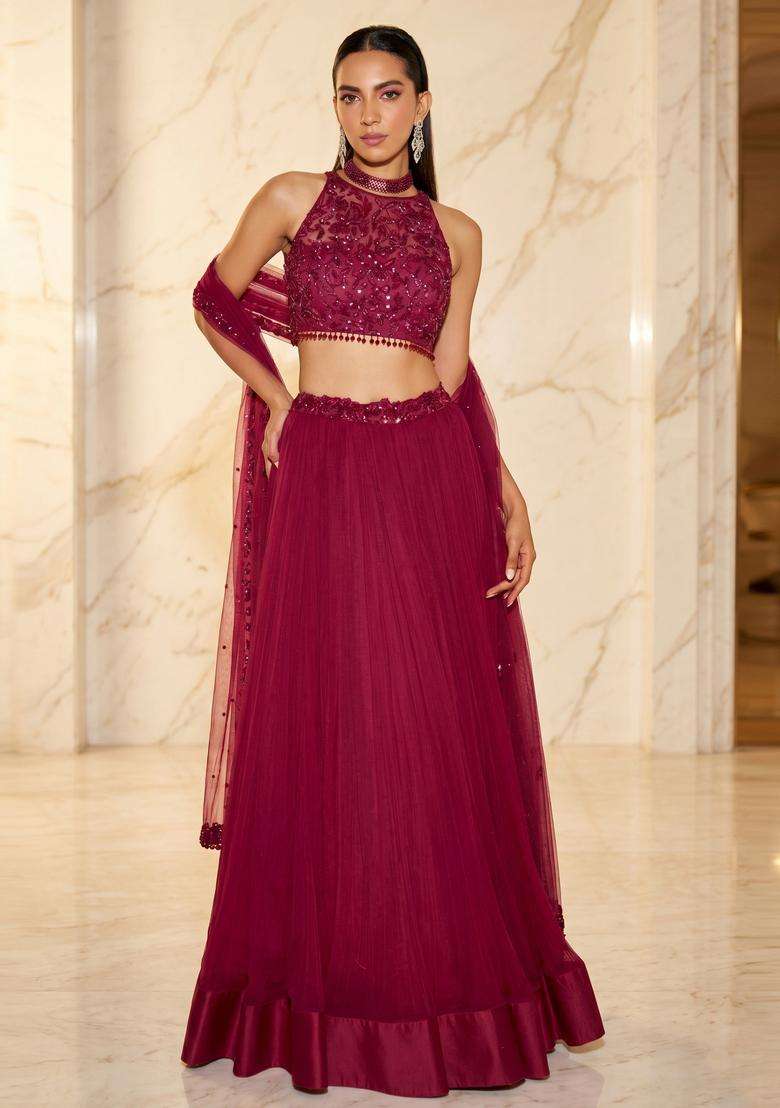 Deep Red Handwork Lehenga Set - Indya