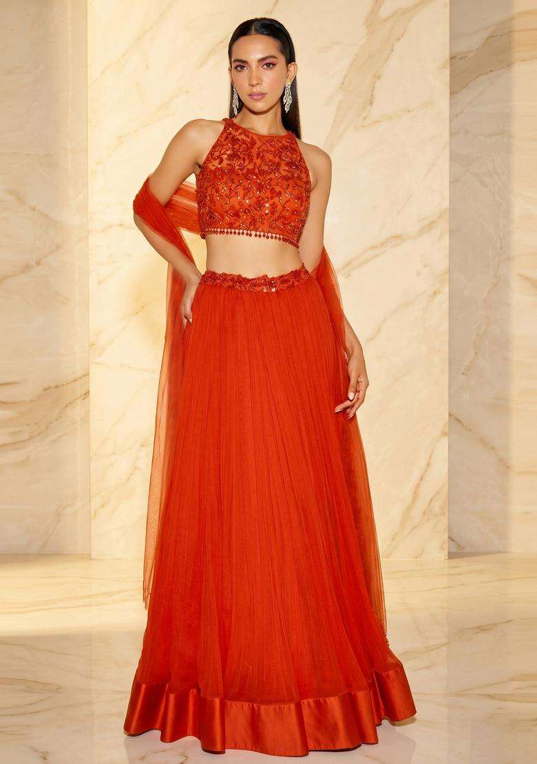 Rust Orange Handwork Lehenga Set - Indya
