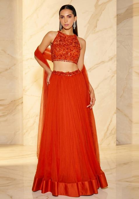 Rust Orange Handwork Lehenga Set