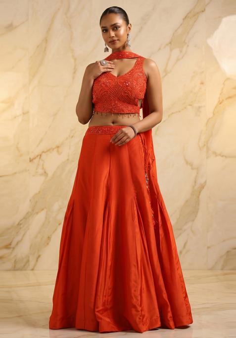 Bright Orange Handwork Lehenga Set