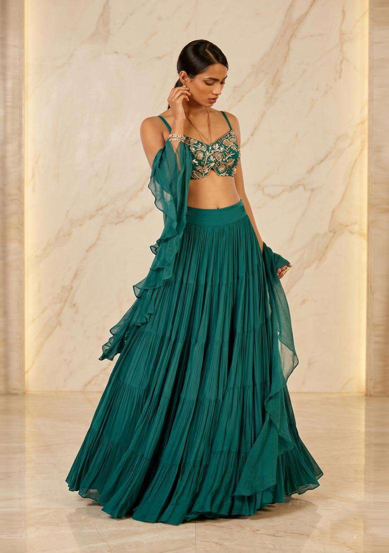 Emerald Green Handwork Lehenga Set - Indya
