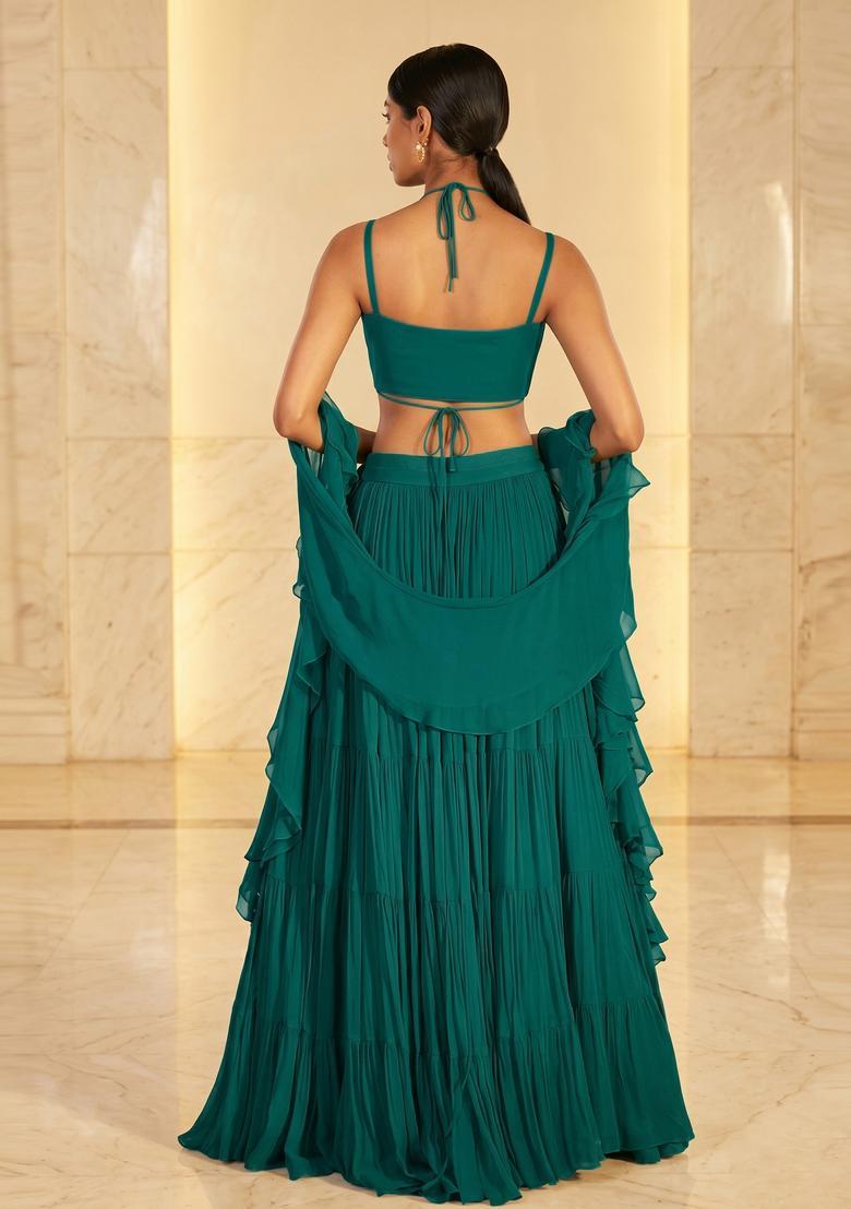 Emerald Green Handwork Lehenga Set - Indya