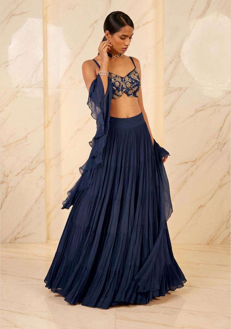 Navy Blue Handwork Lehenga Set - Indya