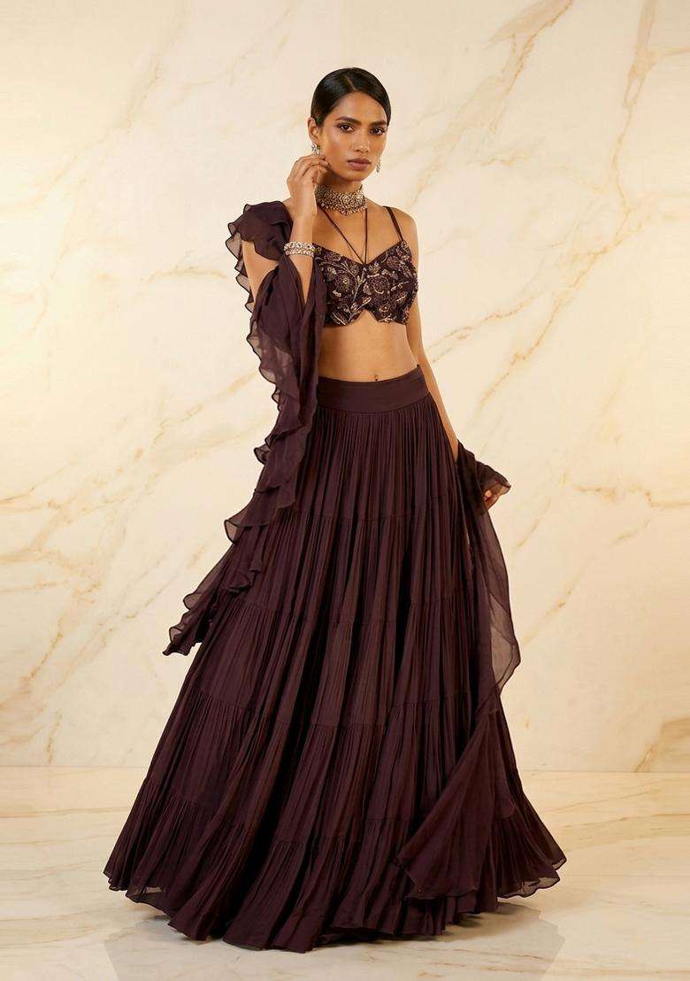 Deep Brown Handwork Lehenga Set - Indya