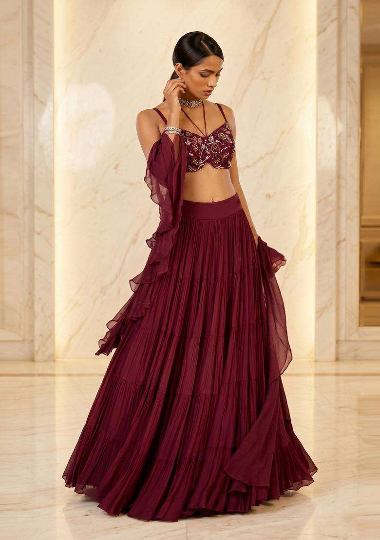 Maroon Handwork Lehenga Set - Indya