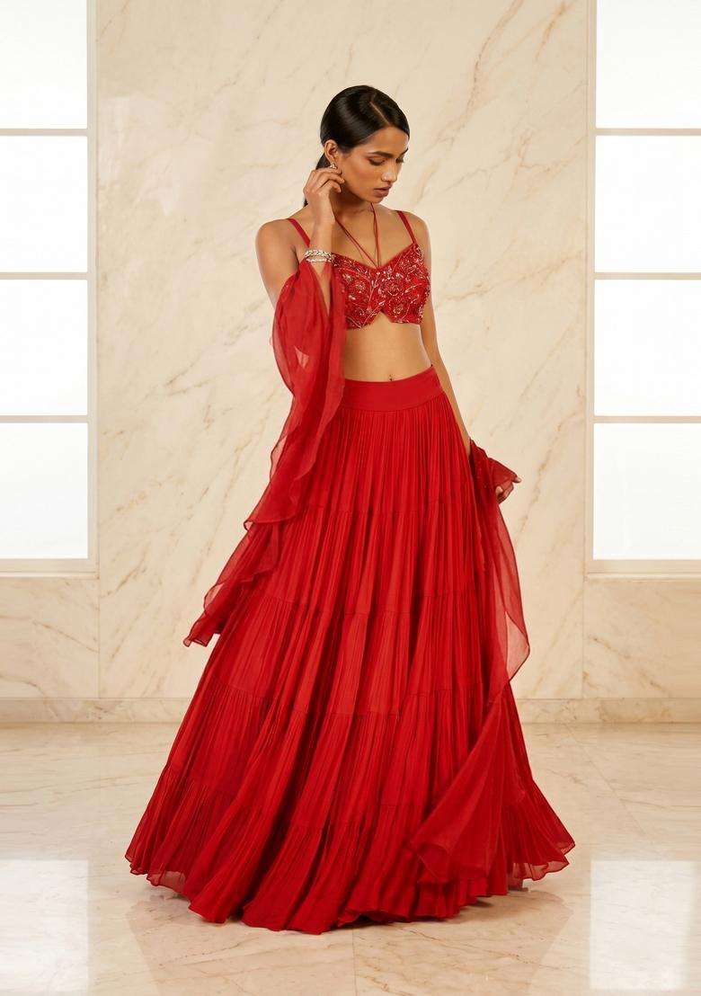Red Handwork Lehenga Set - Indya