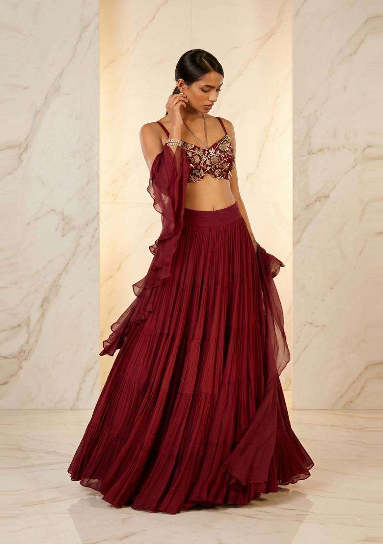 Maroon Handwork Lehenga Set - Indya
