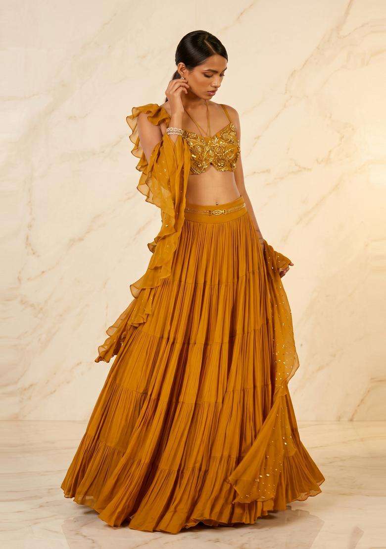 Mustard Yellow Handwork Lehenga Set - Indya