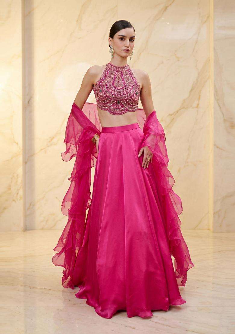 Fuchsia Pink Handwork Lehenga Set - Indya