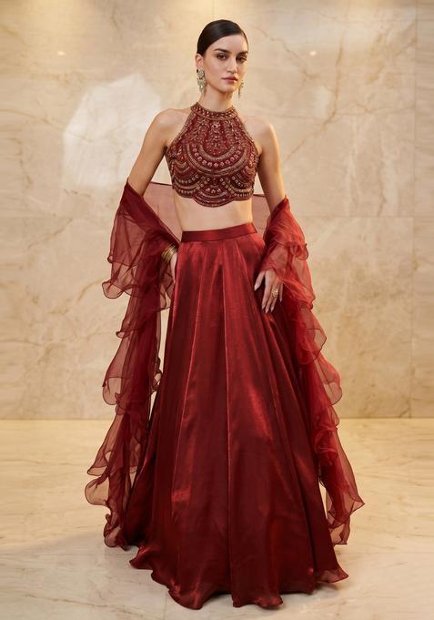 Deep Red Handwork Lehenga Set