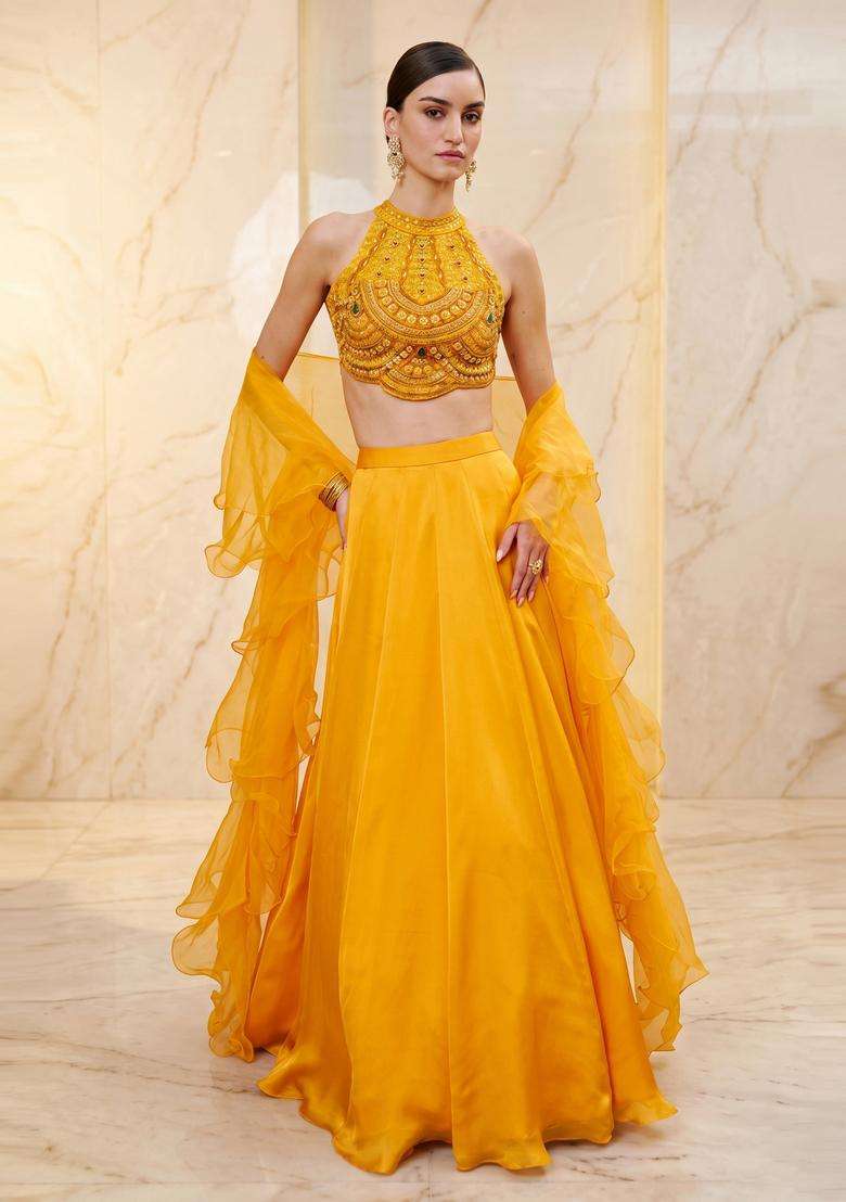 Mustard Yellow Handwork Lehenga Set - Indya