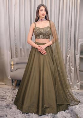 Brown Embroidered Net Lehenga Set