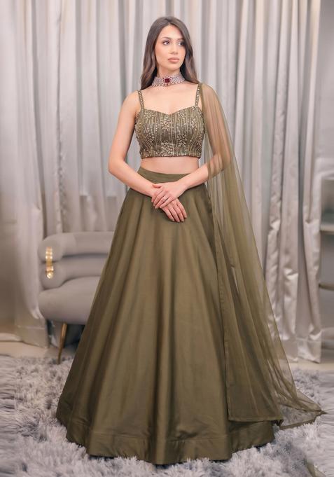 Brown Embroidered Net Lehenga Set