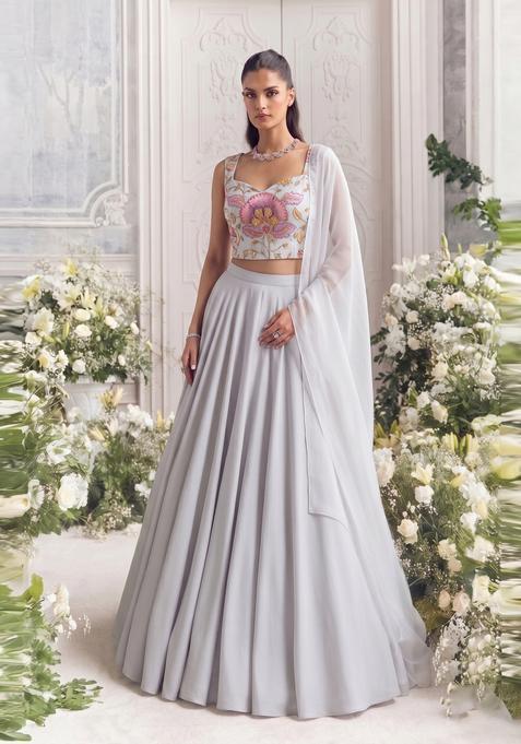 Lilac Printed Organza Lehenga Set