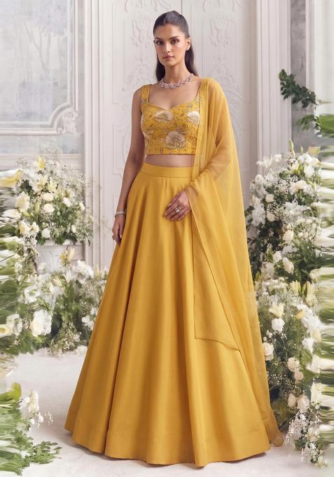 Mustard Printed Organza Lehenga Set
