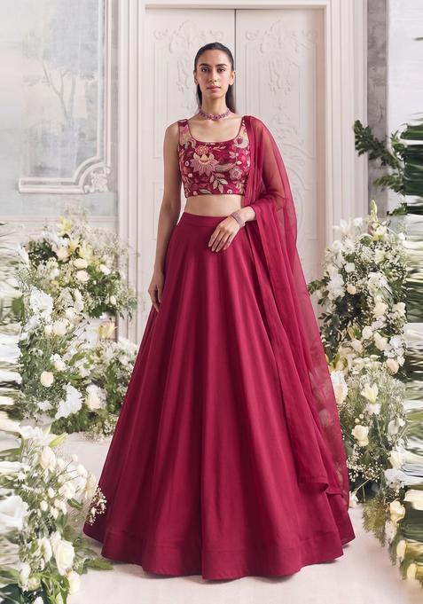 Maroon Embroidered Organza Lehenga Set