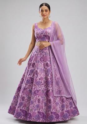 Lavender Printed Silk Blend Lehenga Set