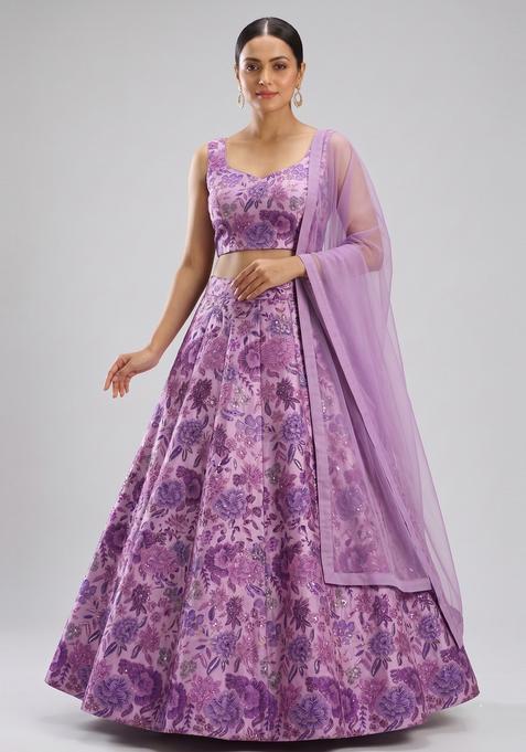 Lavender Printed Silk Lehenga Set