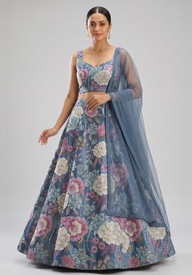 Pastel Blue Printed Silk Blend Lehenga Set
