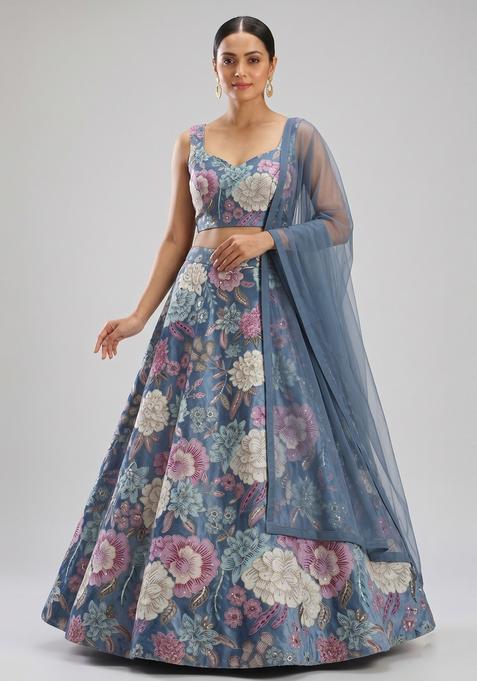 Pastel Blue Printed Silk Lehenga Set