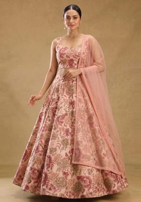 Peach Printed Silk Blend Lehenga Set