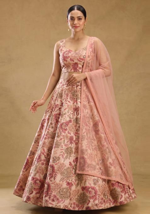 Peach Printed Silk Lehenga Set