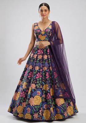 Deep Purple Printed Silk Blend Lehenga Set