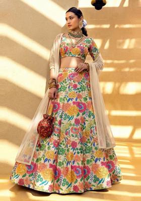 Cream Printed Silk Blend Lehenga Set