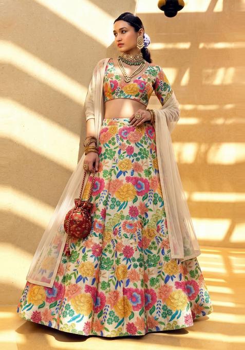 Cream Printed Silk Lehenga Set
