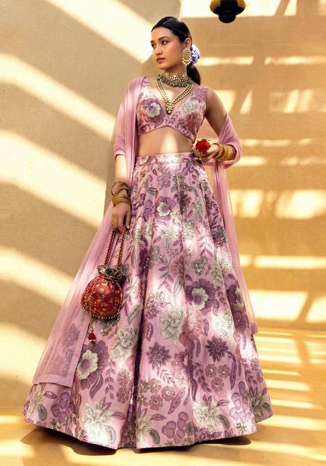 Lavender Pink Printed Silk Lehenga Set