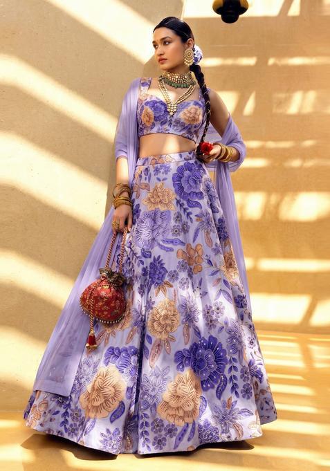 Lavender Printed Silk Lehenga Set
